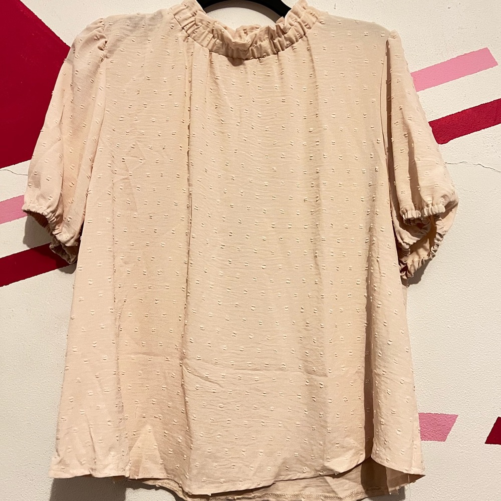 Swiss Dot Batwing Sleeve Mock Neck Blouse